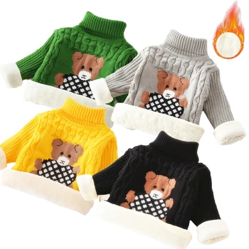 2022 Новый Зимний Теплый свитер для мальчиков с хлопковой подкладкой в виде Медведя, плюшевая Бархатная Эластичная Вязаная Шерстяная одежда для защиты от холода, детская одежда