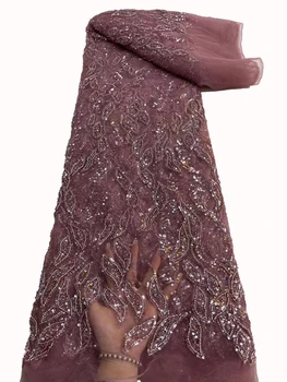 2023 высококачественная модная французская кружевная ткань с вышивкой в виде листьев, нигерийские пайетки из бисера, свадебная кружевная ткань 5 ярдов