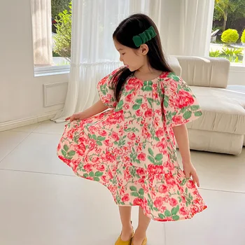 2023 Новое стильное платье с принтом для девочек, Летние модные платья для девочек, детская одежда 2-8 лет