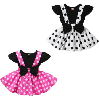 FOCUSNORM/ Летние комплекты одежды для маленьких девочек от 1 до 5 лет, однотонные футболки с рукавами и оборками, платье-комбинезон в горошек из 2 предметов