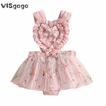VISgogo/платье-комбинезон для маленьких девочек, Летнее платье-комбинезон без рукавов с цветочным рисунком в форме сердца, платье-комбинезон из тюля, повседневное праздничное платье принцессы для маленьких девочек