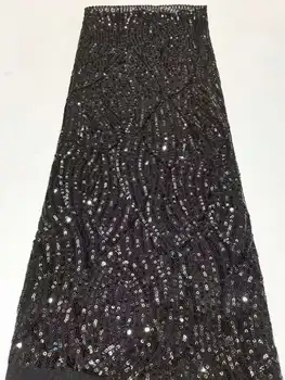 Африканская 3D кружевная ткань с черными блестками 2023 Высококачественное кружево Французская последовательность тюлевое кружево Кружевная ткань из нигерийской пряжи Свадебная