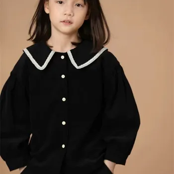 Детская блузка для девочек, куртка, верхняя одежда, 2023, Черный весенне-осенний топ, пляжные рубашки, хлопковая одежда для малышей, детская одежда