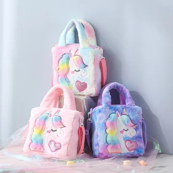 Детская плюшевая сумочка с единорогом, разноцветные меховые сумки через плечо, зимняя школьная сумочка, модные сумки с мультяшными животными, детские ремни, сумка