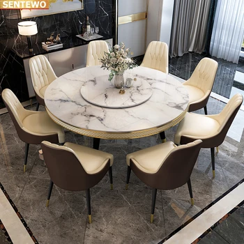 Дизайнерская роскошная круглая кухня из мраморной плиты обеденный стол с набором из 8 стульев tablo furniture meuble marbre Нержавеющая сталь золотое основание