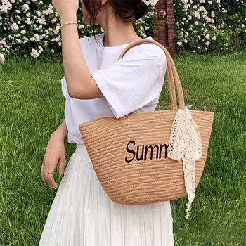 Женская модная тканая сумка с алфавитом, хозяйственная сумка с кружевной отделкой, пляжная сумка-тоут, коричневая сумка через плечо большой емкости.