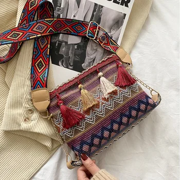 Женская сумка-мессенджер в богемном этническом стиле, летняя популярная универсальная сумка через плечо, широкий ремень, стильная сумка через плечо с кисточками