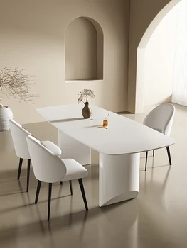 Изготовленный на заказ стол из белого камня, для маленькой семьи, обеденный стол в минималистичном кремовом стиле, роскошный, современный и простой прямоугольник