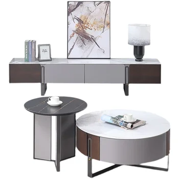 Итальянская легкая экстравагантная комбинация из каменной плиты, журнального столика, ТВ-шкафа, современной простой гостиной с круглым краем