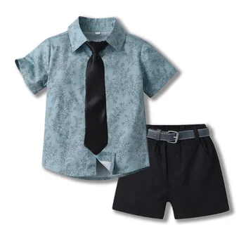 Комплекты одежды для мальчиков, летняя детская хлопчатобумажная рубашка с отворотом, кардиган с бантом, шорты с коротким рукавом, пояс, одежда из 4 предметов для 3-8 лет