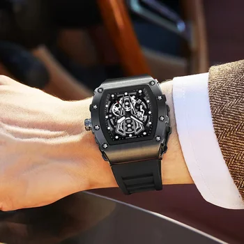 Крутые Черные кварцевые часы, Мужские Модные Брендовые Силиконовые ремешки, Водонепроницаемые наручные часы Tonneau, Роскошные Спортивные часы AAA с автоматической датой, Подарок