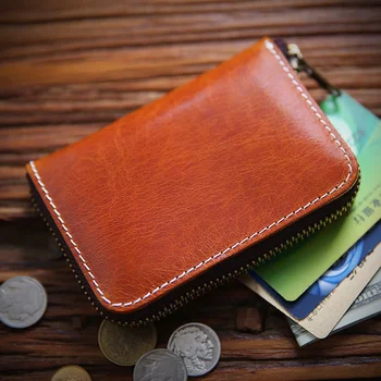 Маленький мужской кошелек в стиле ретро из воловьей кожи на молнии, короткий кошелек для монет, кожаная маленькая сумка для карт