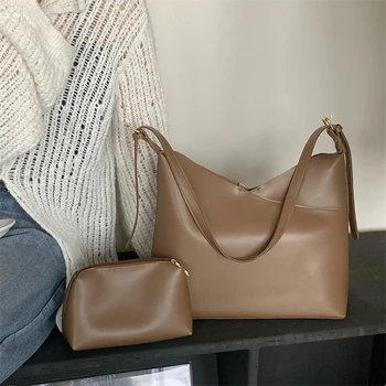 Модная однотонная женская сумка через плечо из искусственной кожи, женская сумка-тоут, сумки через плечо, винтажные женские сумки с небольшим кошельком-клатчем