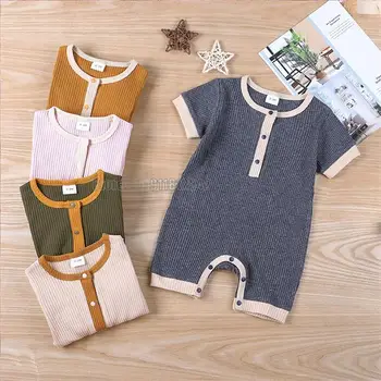 Модные однотонные детские ползунки Летняя Одежда для маленьких мальчиков Хлопчатобумажные льняные ползунки с коротким рукавом Одежда для новорожденных
