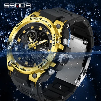 Модные Спортивные часы Sanda Мужские военные кварцевые Мужские водонепроницаемые цифровые наручные часы со светодиодной подсветкой с двойным дисплеем для Clock Relogios Masculino