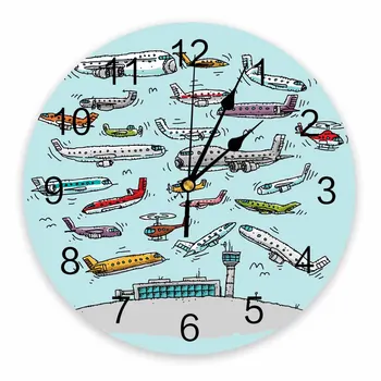 Мультяшные декоративные круглые настенные часы Airport, дизайн с арабскими цифрами, Не тикающие настенные часы, Большие для спален, ванной комнаты