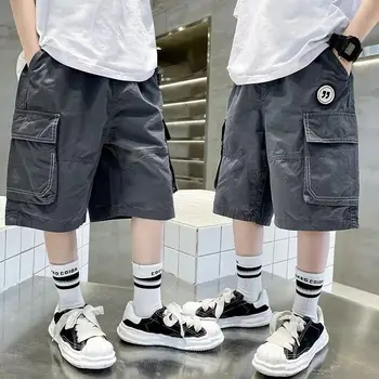 Новое поступление, летние шорты-карго с карманами для мальчиков, высококачественные повседневные Спортивные шорты с эластичной резинкой на талии в Корейском стиле, Детская одежда 5-14