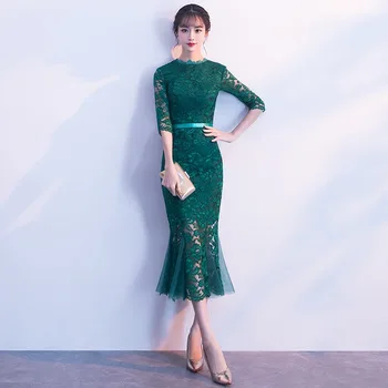 Новый стиль женских халатов улучшенной версии средней длины, тонкий рыбий хвост, для молодых моделей, для девочек, темно-зеленое кружевное платье чонсам