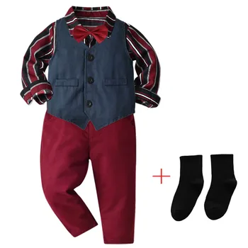 Одежда для маленьких мальчиков, осенние костюмы для дня рождения джентльмена, детское праздничное платье, хлопковая рубашка с длинным рукавом и бабочкой, жилет, комплект брюк, носки для отправки
