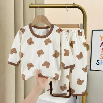 Одежда для малышей 0-4 лет, одежда для отдыха, комплект милых пижам с рисунком медведя для девочек и мальчиков, летний костюм для малышей, костюм-двойка, домашняя одежда