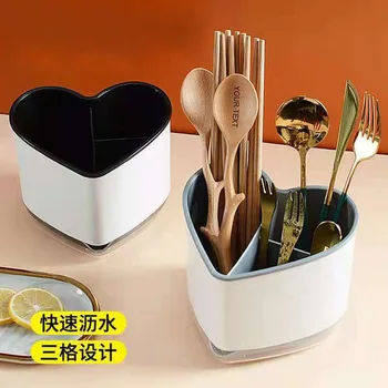 Пластиковый держатель для палочек для еды в форме сердца для бытовой кухни, сливной Настенный стеллаж для хранения посуды для палочек для еды