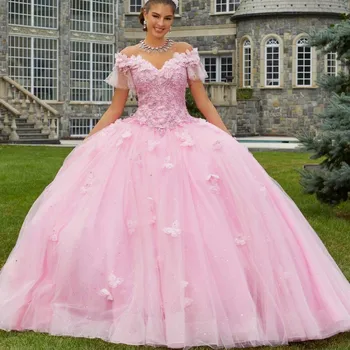 Розовое сексуальное бальное платье с V-образным вырезом, вечерние платья принцессы с бабочкой и цветочным бантом, вечерние платья для выпускного вечера, Сладкое пышное платье 16