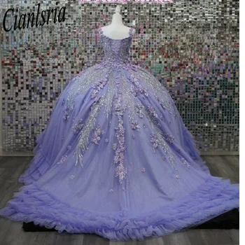 Роскошные блестящие пышные платья лавандового цвета с открытыми плечами, Vestidos De 15 Anos, корсет для вечеринки по случаю дня рождения, бальное платье