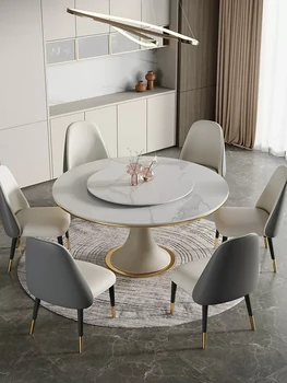 Сочетание легкого роскошного обеденного стола и стула, современный и простой бытовой круглый обеденный стол с поворотным столом