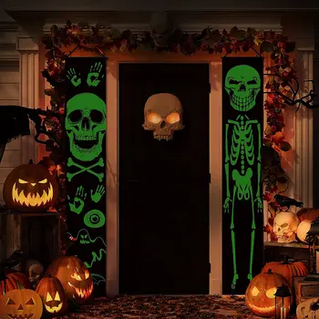 Уличные украшения для Хэллоуина, Светящийся дверной баннер со скелетом, светящийся в темноте, вывеска на крыльце для Хэллоуина, декор для внутреннего и наружного крыльца