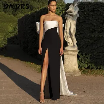Черно-белое вечернее платье, прямое, длиной до пола, сексуальное, с разрезом, длинное, для официальных мероприятий, платье для выпускного вечера с бантом сзади